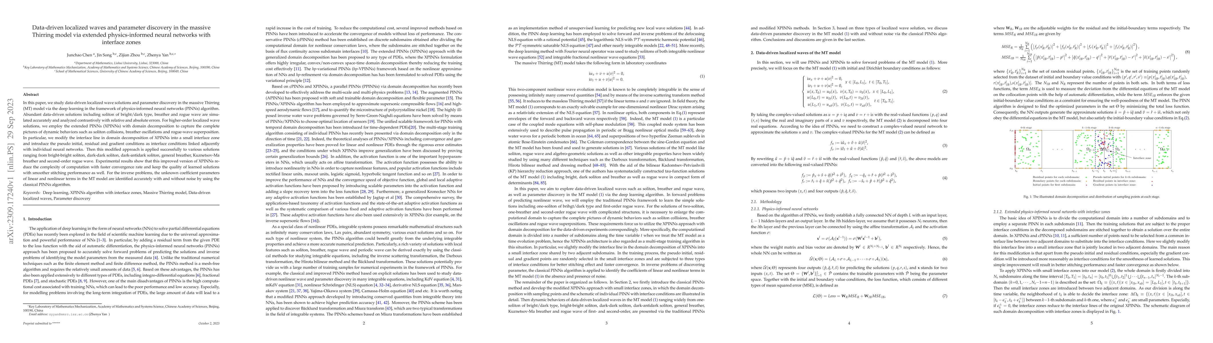 Thumbnail for Data-driven localized waves and parameter discovery in the massive
  Thirring model via extended physics-informed neural networks with interface
  zones