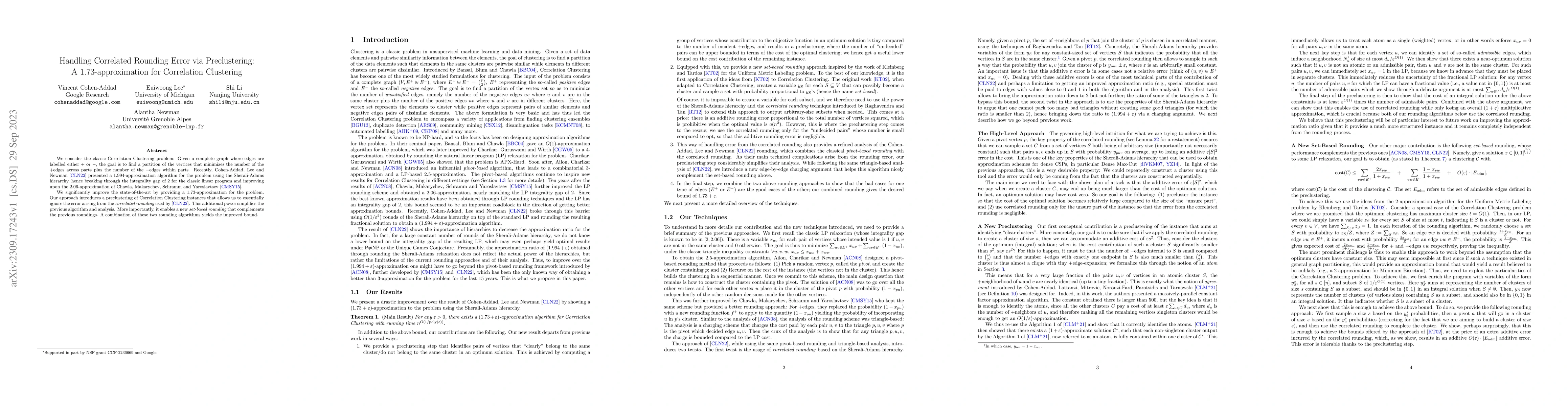 Thumbnail for Handling Correlated Rounding Error via Preclustering: A
  1.73-approximation for Correlation Clustering