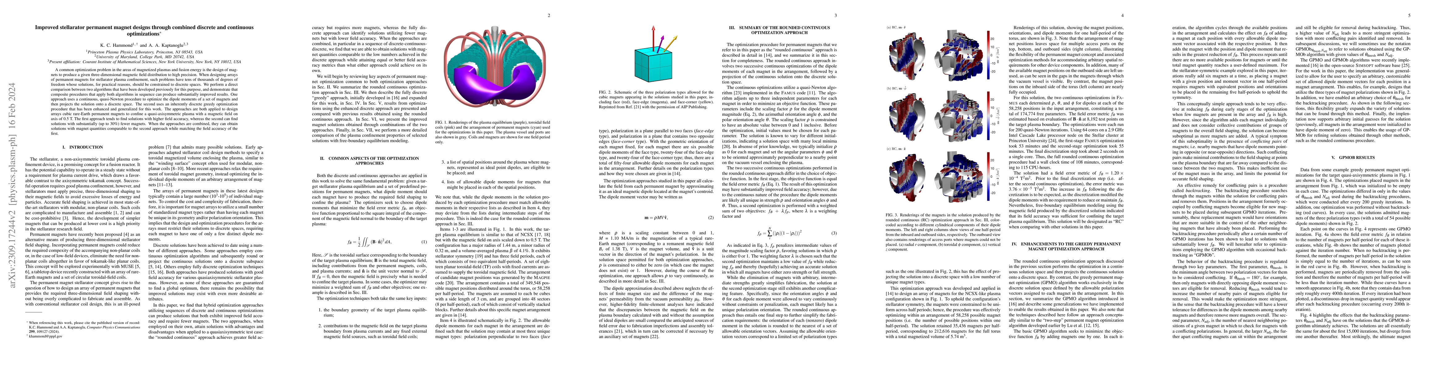 Thumbnail for Improved stellarator permanent magnet designs through combined discrete
  and continuous optimizations