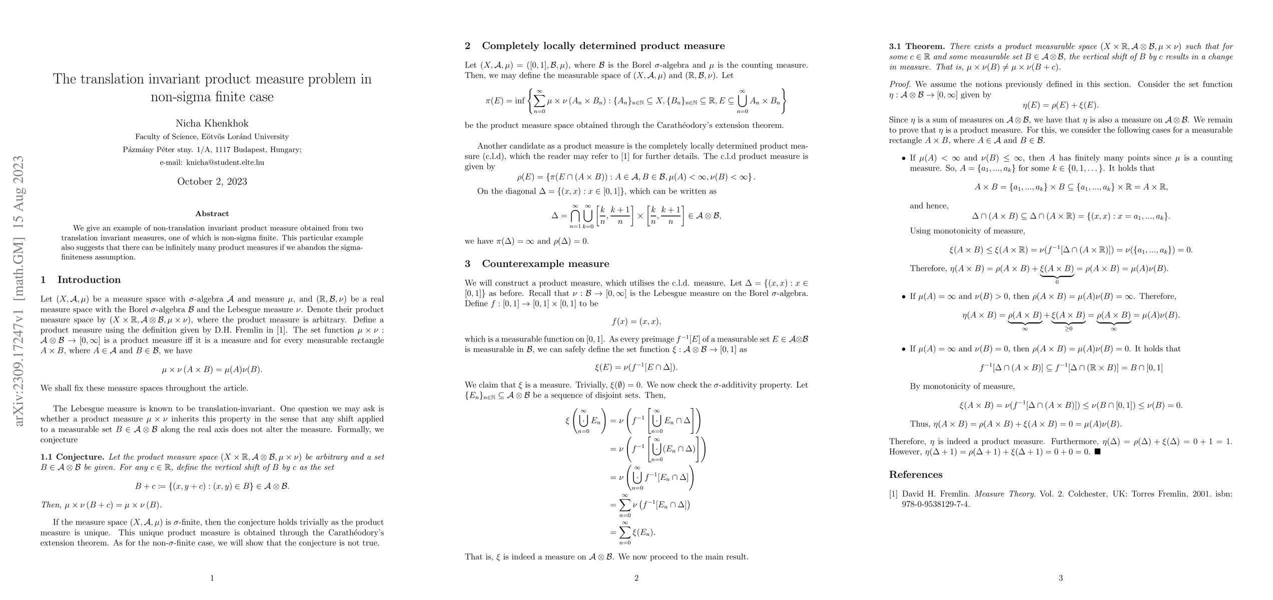 Thumbnail for The translation invariant product measure problem in non-sigma finite
  case