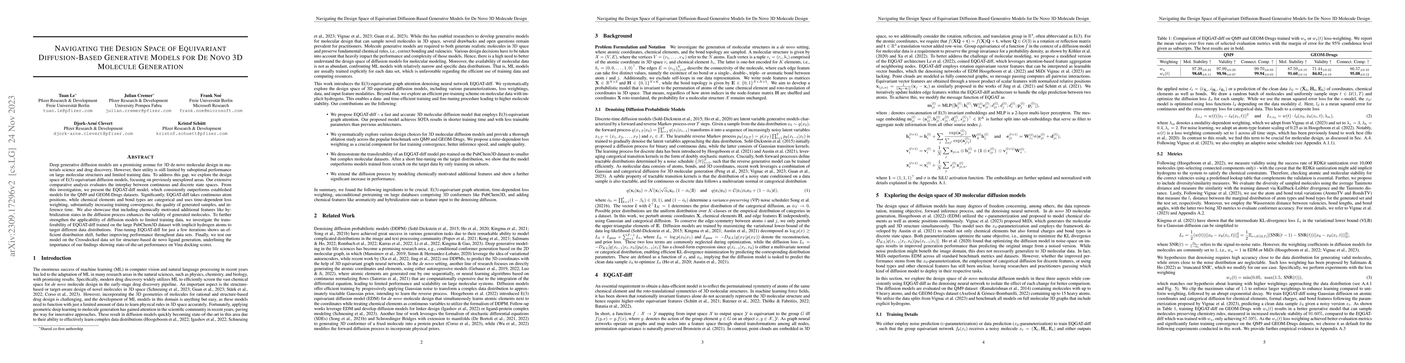 Thumbnail for Navigating the Design Space of Equivariant Diffusion-Based Generative
  Models for De Novo 3D Molecule Generation