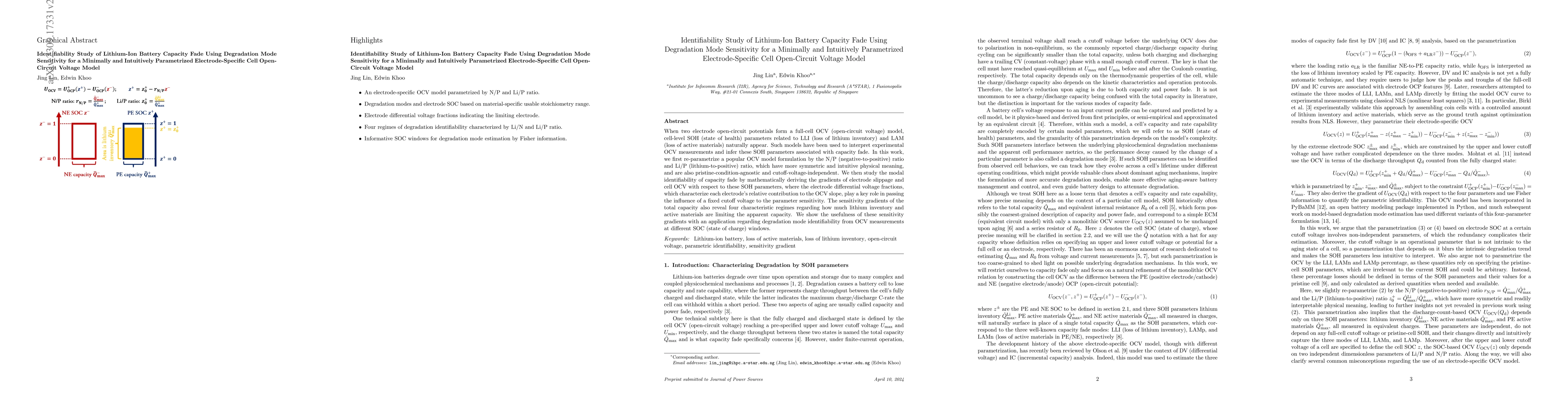Thumbnail for Identifiability Study of Lithium-Ion Battery Capacity Fade Using
  Degradation Mode Sensitivity for a Minimally and Intuitively Parametrized
  Electrode-Specific Cell Open-Circuit Voltage Model