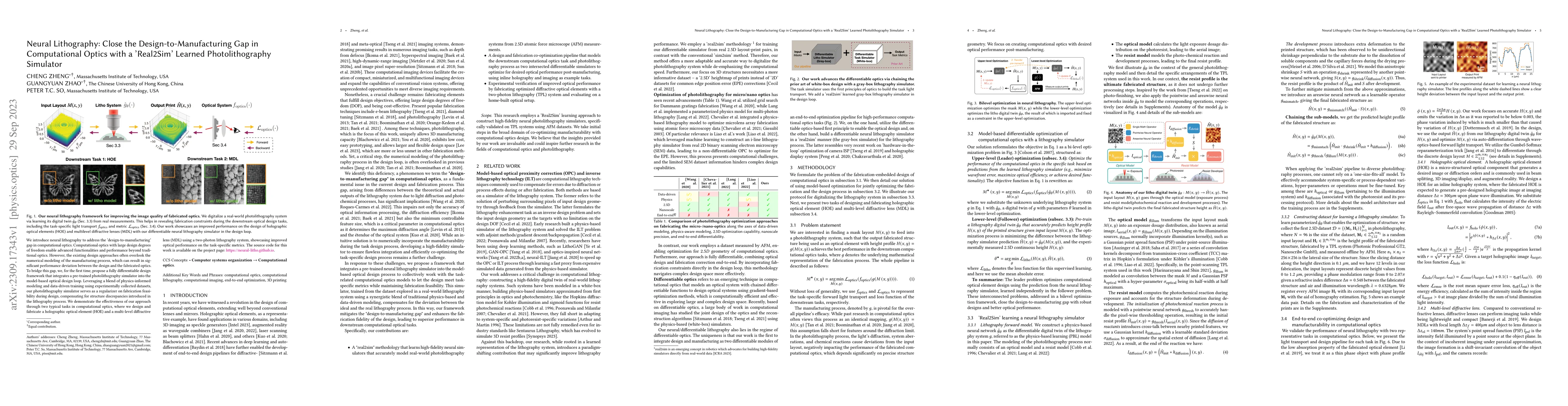 Thumbnail for Neural Lithography: Close the Design-to-Manufacturing Gap in
  Computational Optics with a 'Real2Sim' Learned Photolithography Simulator