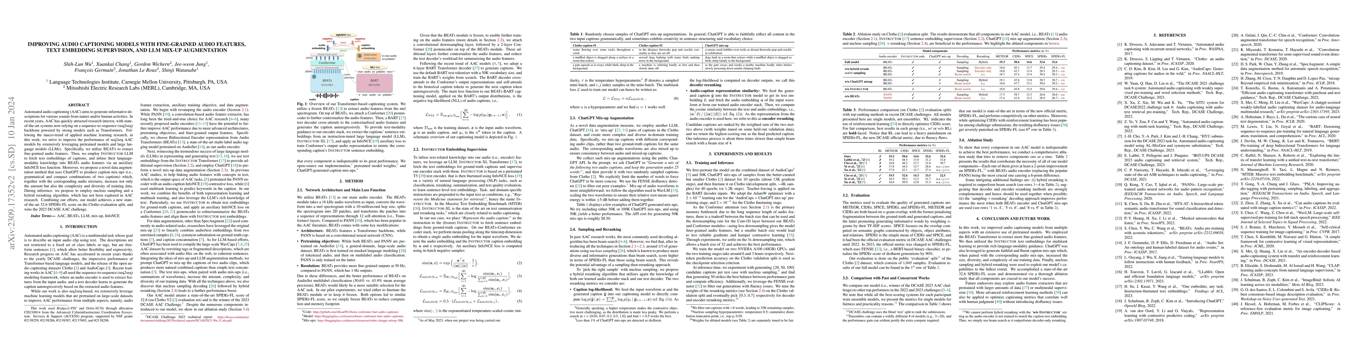 Thumbnail for Improving Audio Captioning Models with Fine-grained Audio Features, Text
  Embedding Supervision, and LLM Mix-up Augmentation