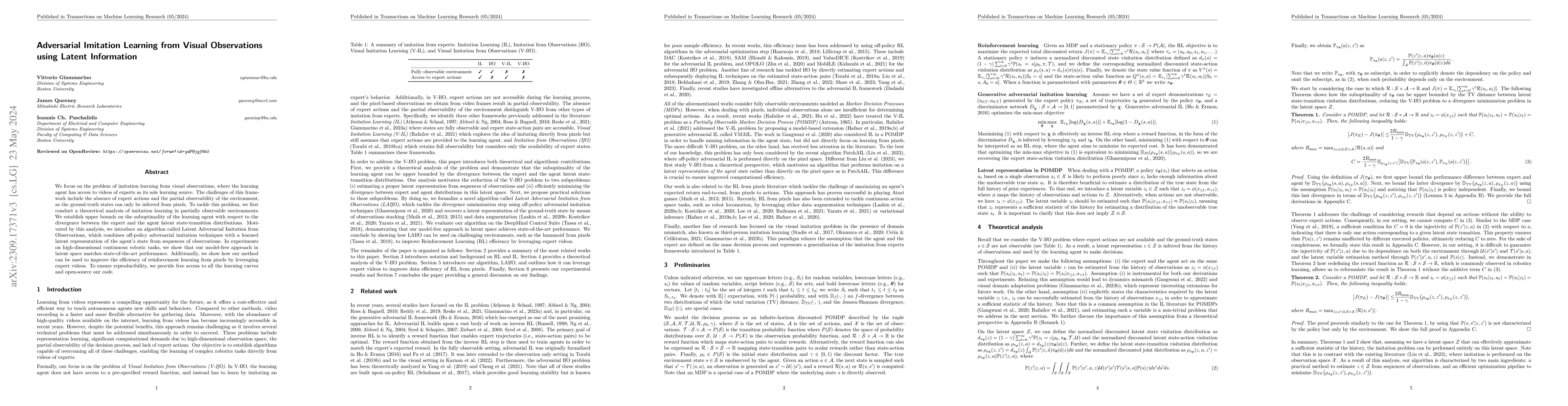 Thumbnail for Adversarial Imitation Learning from Visual Observations using Latent
  Information