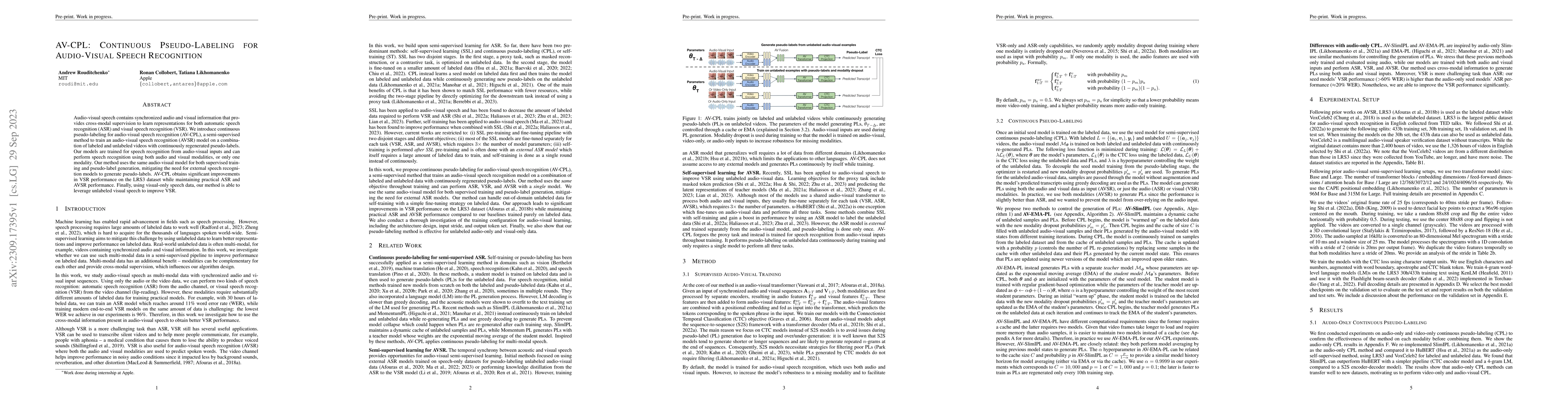 Thumbnail for AV-CPL: Continuous Pseudo-Labeling for Audio-Visual Speech Recognition