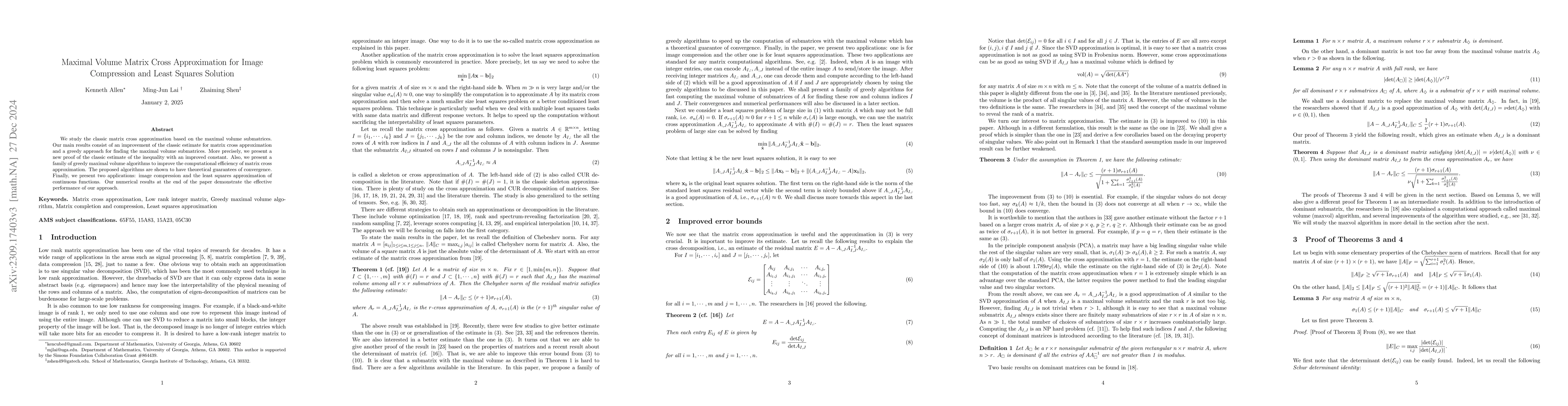 Thumbnail for Maximal Volume Matrix Cross Approximation for Image Compression and
  Least Squares Solution