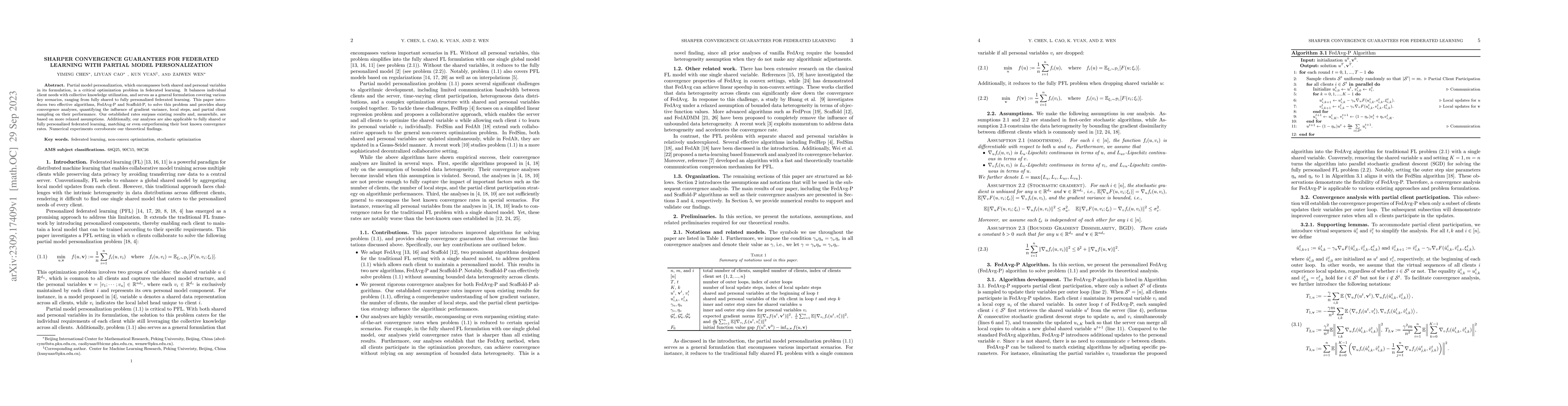 Thumbnail for Sharper Convergence Guarantees for Federated Learning with Partial Model
  Personalization