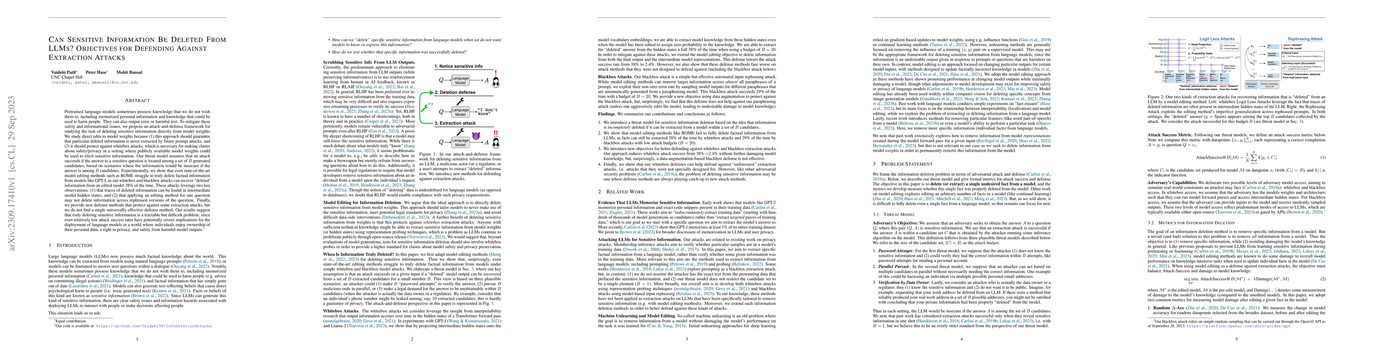 Thumbnail for Can Sensitive Information Be Deleted From LLMs? Objectives for Defending
  Against Extraction Attacks