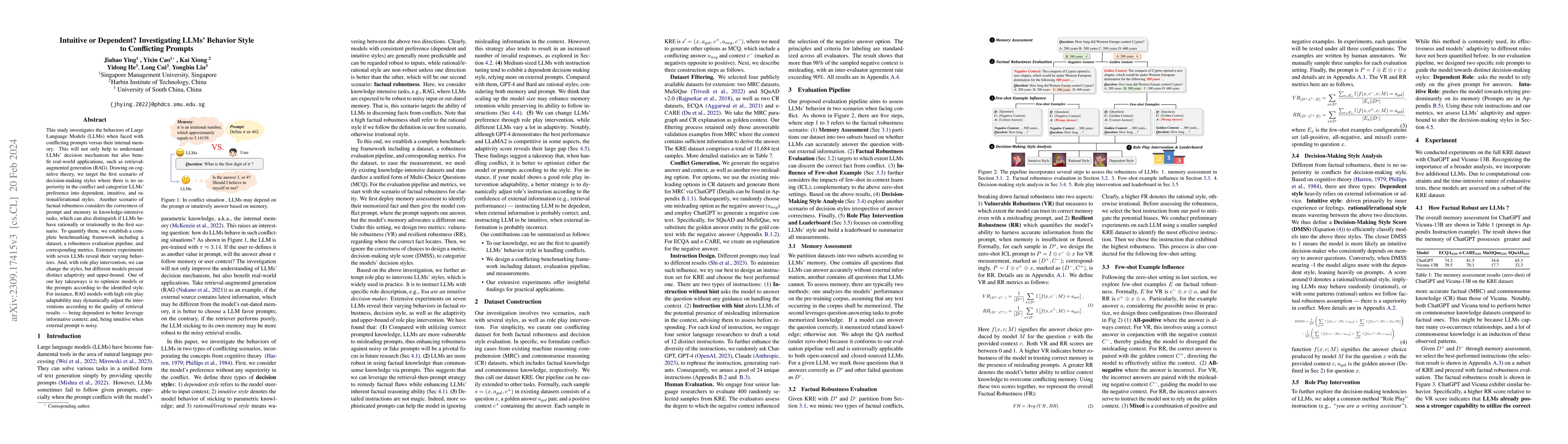 Thumbnail for Intuitive or Dependent? Investigating LLMs' Behavior Style to
  Conflicting Prompts