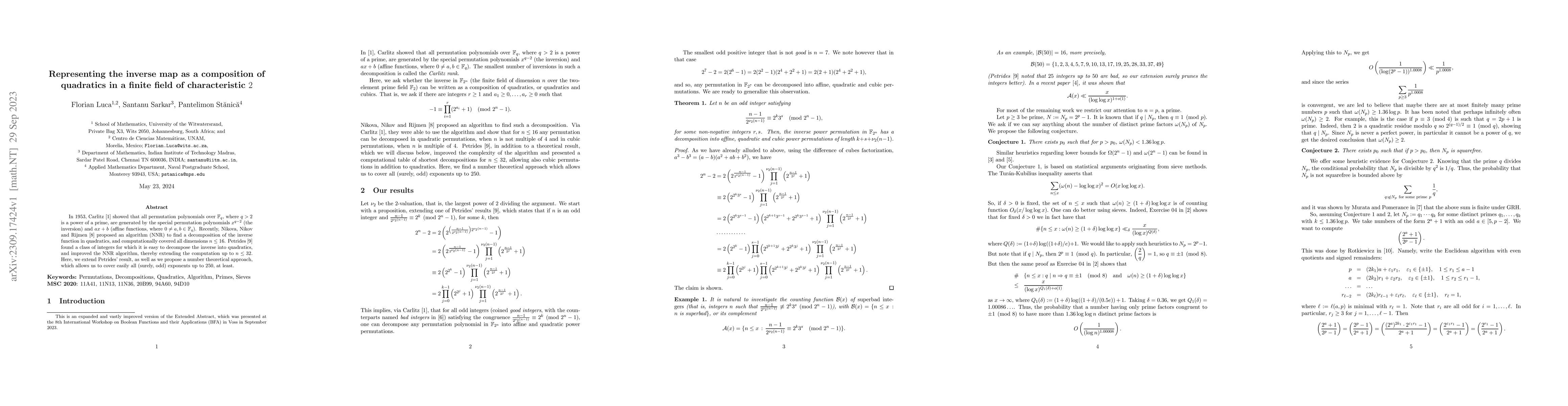 Thumbnail for Representing the inverse map as a composition of quadratics in a finite
  field of characteristic $2$