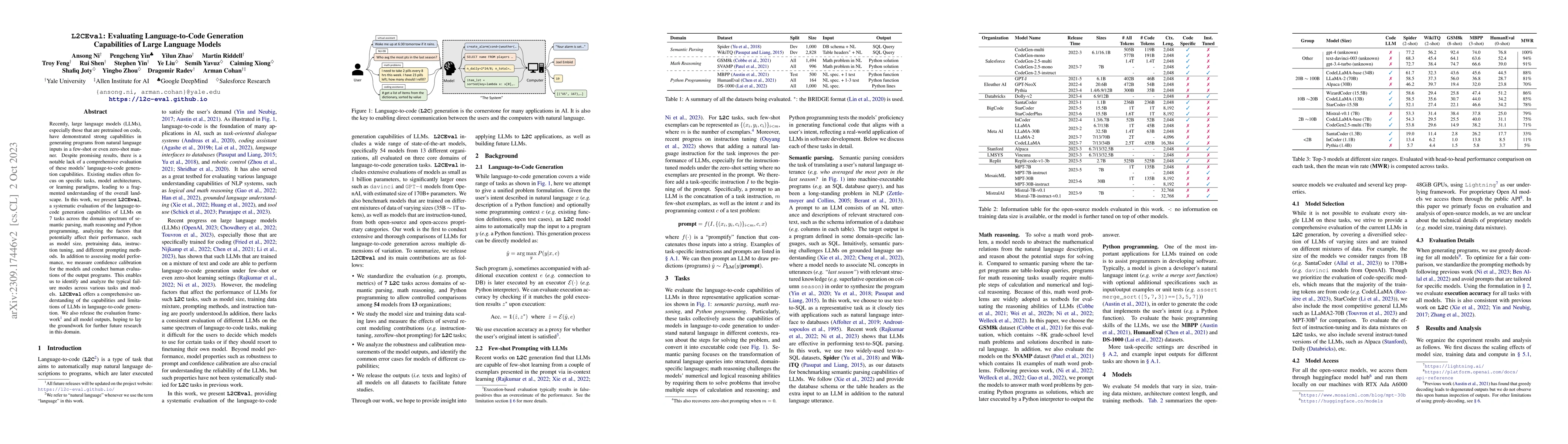 Thumbnail for L2CEval: Evaluating Language-to-Code Generation Capabilities of Large
  Language Models