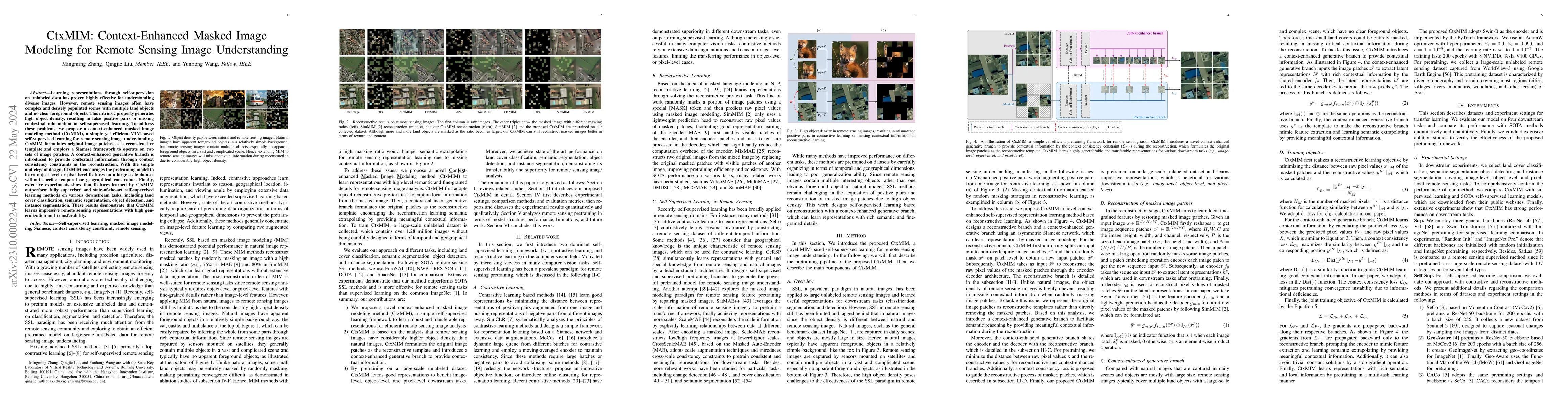 Thumbnail for CtxMIM: Context-Enhanced Masked Image Modeling for Remote Sensing Image
  Understanding