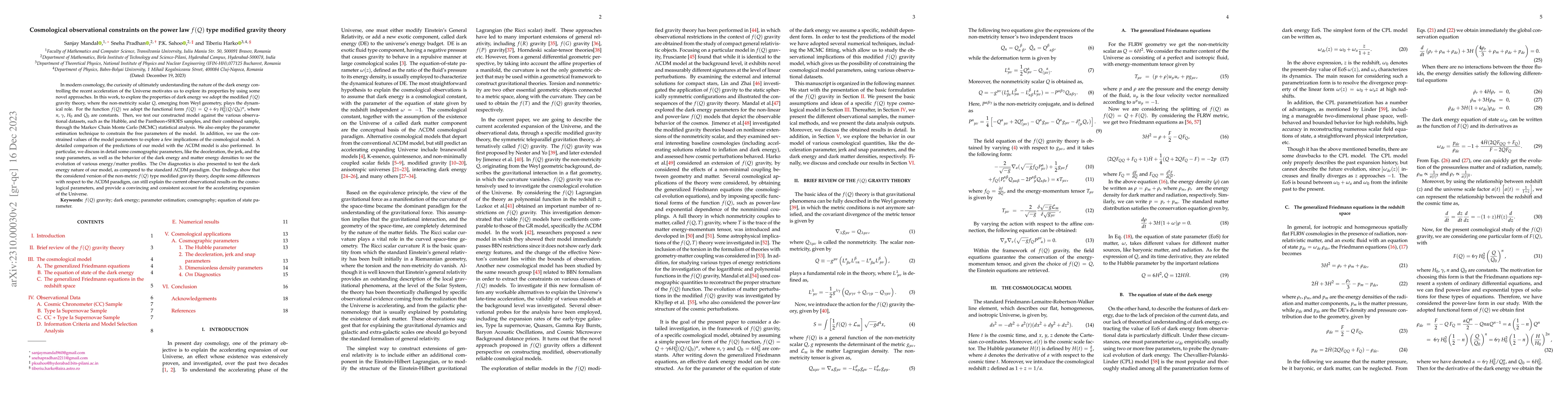 Thumbnail for Cosmological observational constraints on the power law $f(Q)$ type
  modified gravity theory