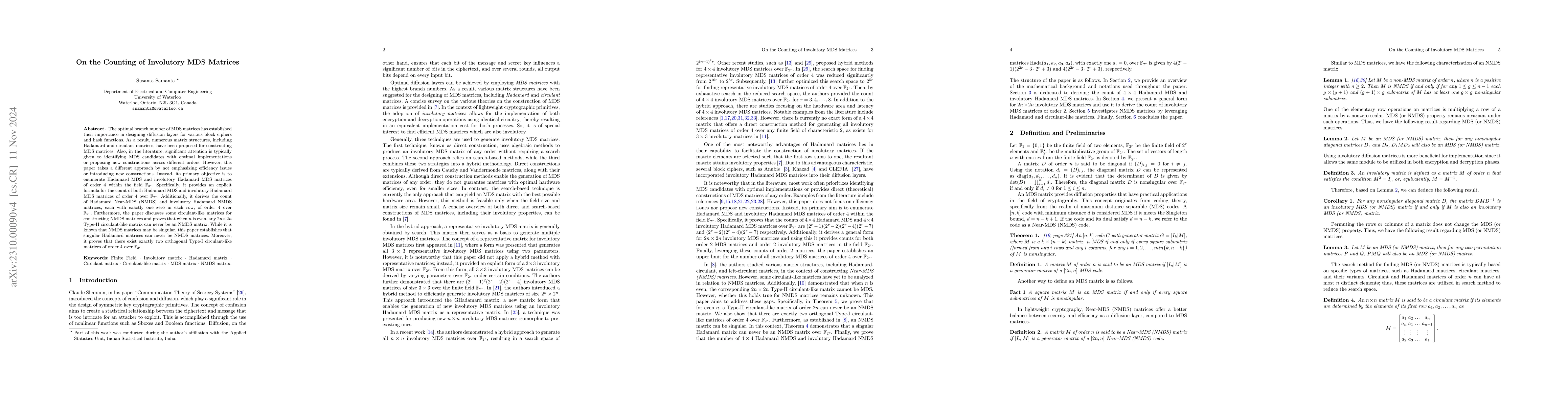 Thumbnail for On the Counting of Involutory MDS Matrices