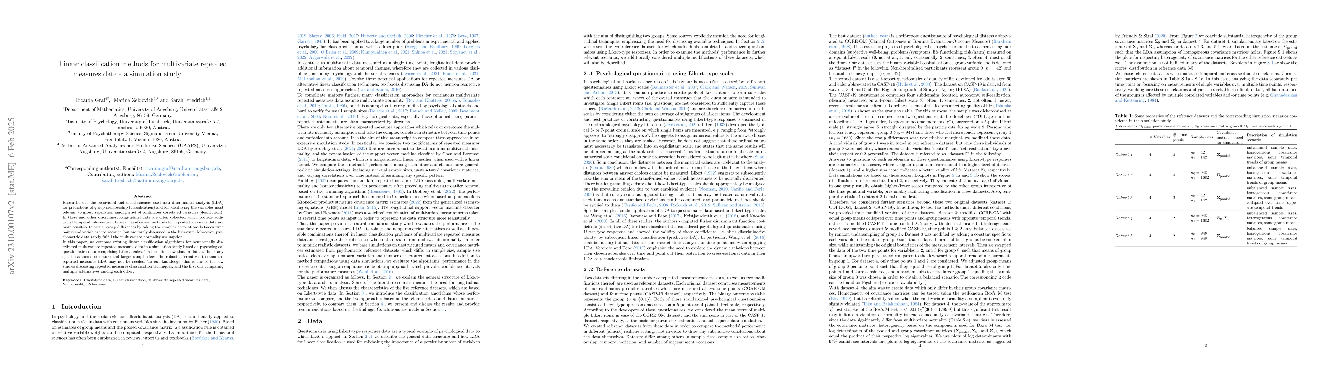 Thumbnail for Linear classification methods for multivariate repeated measures data --
  a simulation study