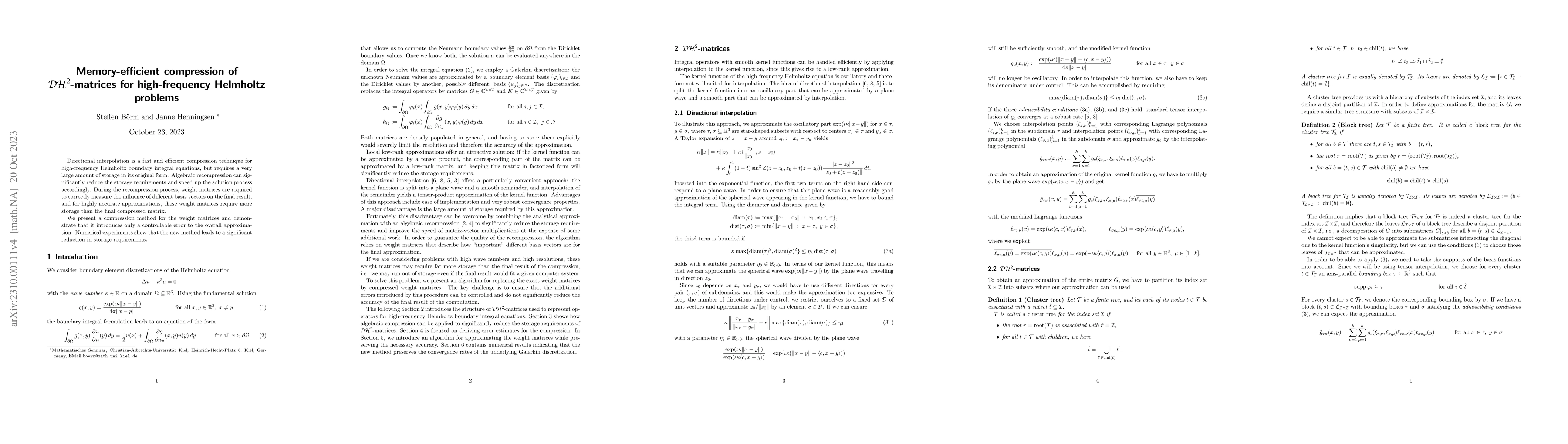 Thumbnail for Memory-efficient compression of $\mathcal{DH}^2$-matrices for
  high-frequency problems