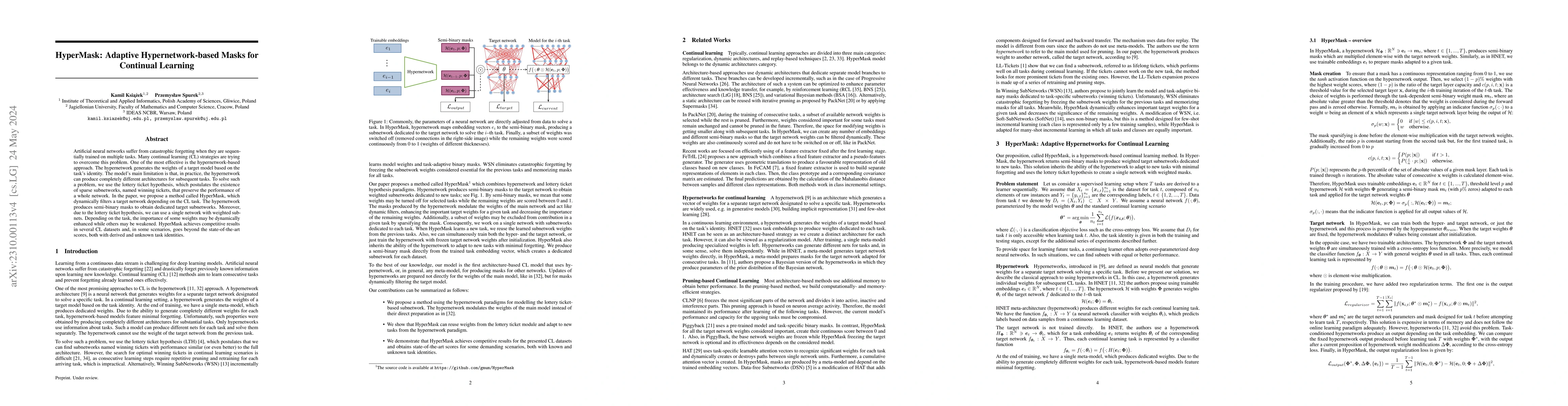 Thumbnail for HyperMask: Adaptive Hypernetwork-based Masks for Continual Learning