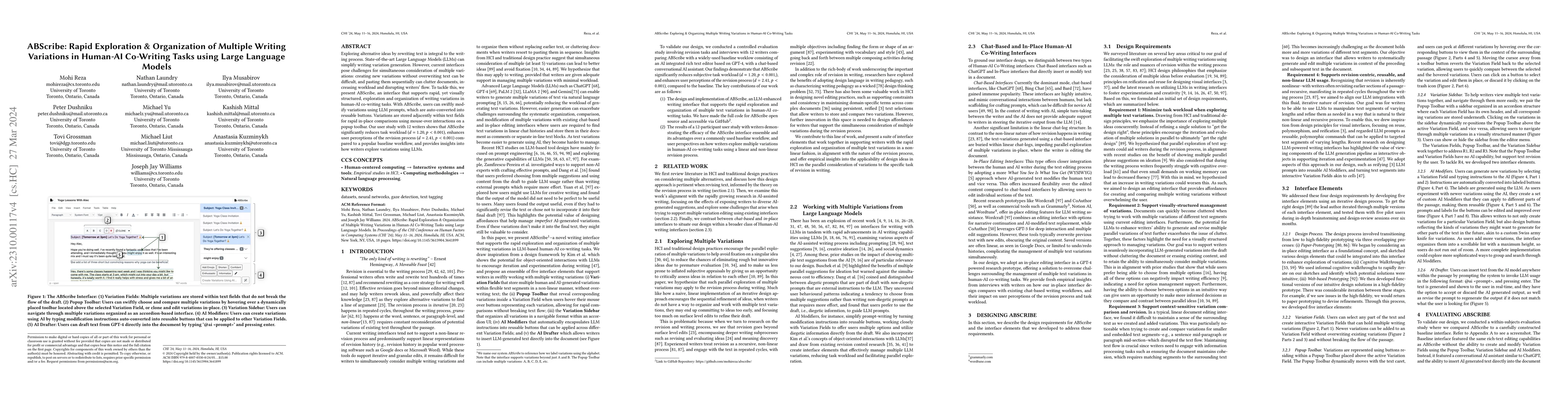 Thumbnail for ABScribe: Rapid Exploration & Organization of Multiple Writing
  Variations in Human-AI Co-Writing Tasks using Large Language Models