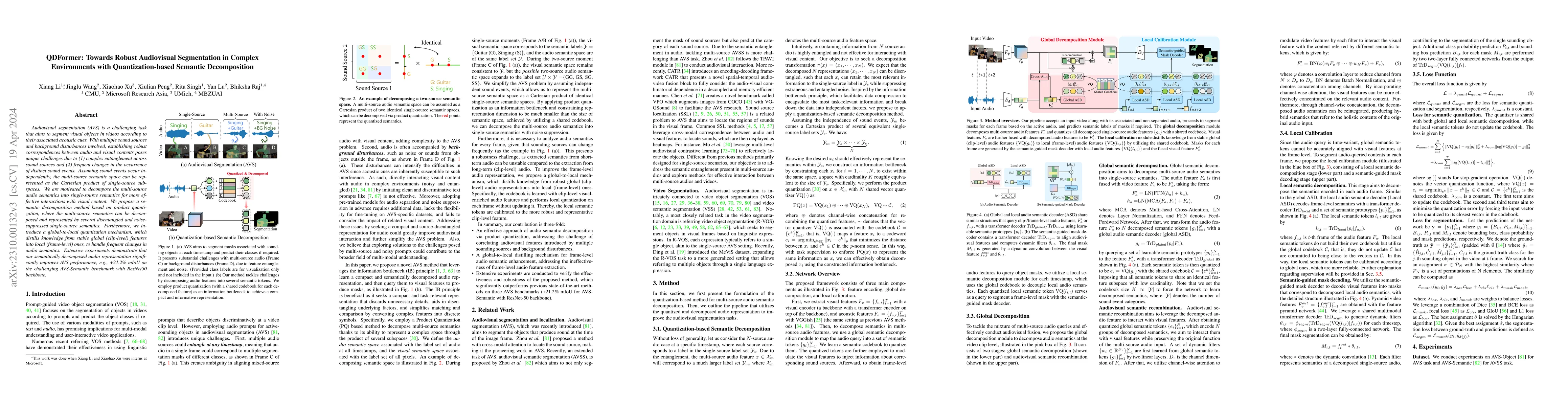 Thumbnail for QDFormer: Towards Robust Audiovisual Segmentation in Complex
  Environments with Quantization-based Semantic Decomposition
