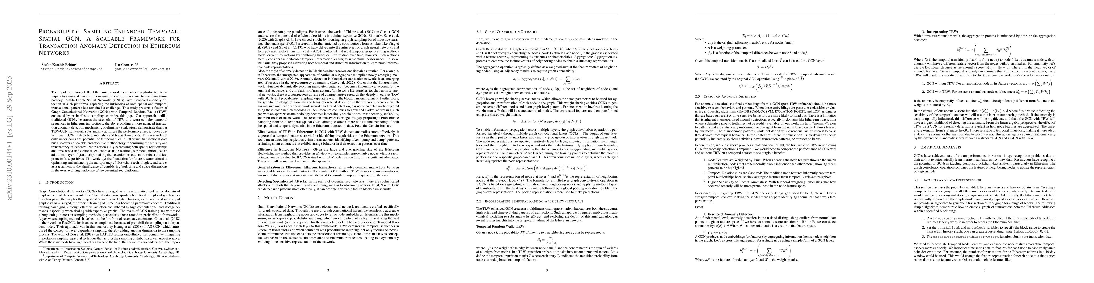 Thumbnail for Probabilistic Sampling-Enhanced Temporal-Spatial GCN: A Scalable
  Framework for Transaction Anomaly Detection in Ethereum Networks
