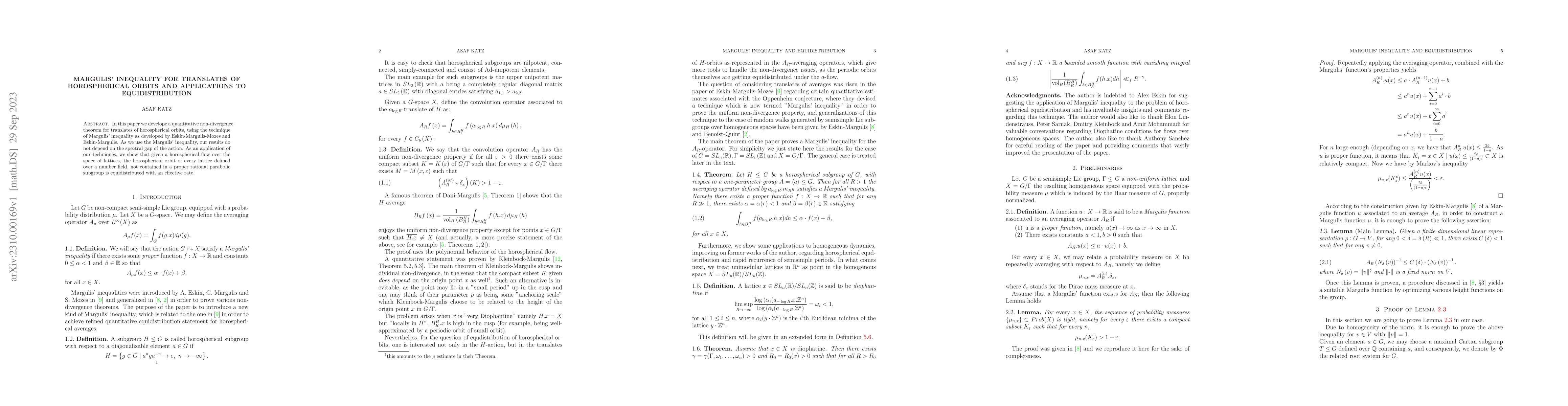 Thumbnail for Margulis' Inequality for translates of horospherical orbits and
  applications to equidistribution