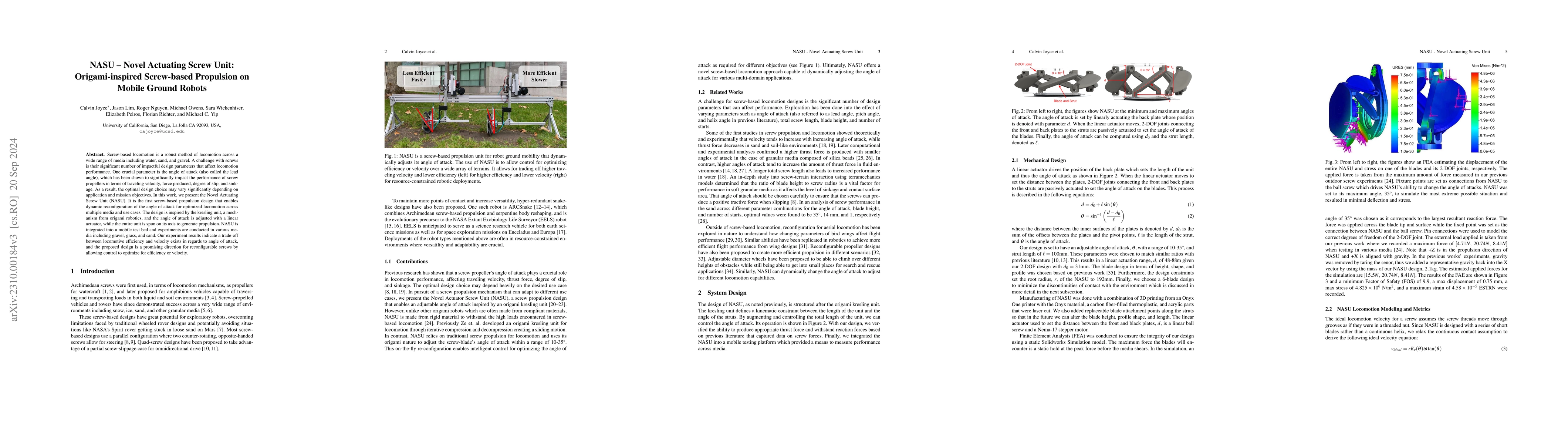 Thumbnail for NASU -- Novel Actuating Screw Unit: Origami-inspired Screw-based
  Propulsion on Mobile Ground Robots