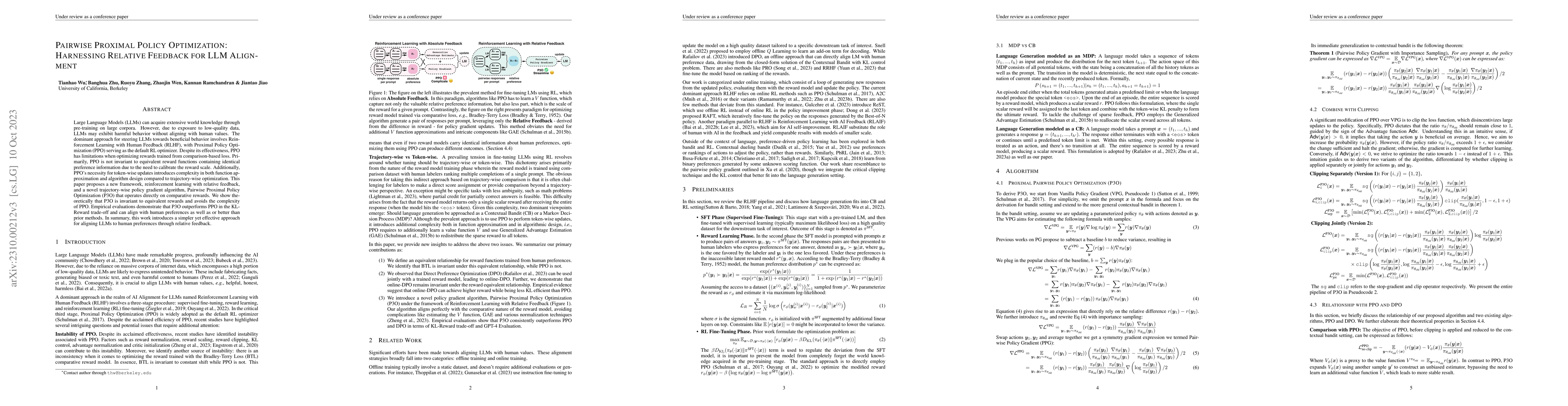 Thumbnail for Pairwise Proximal Policy Optimization: Harnessing Relative Feedback for
  LLM Alignment