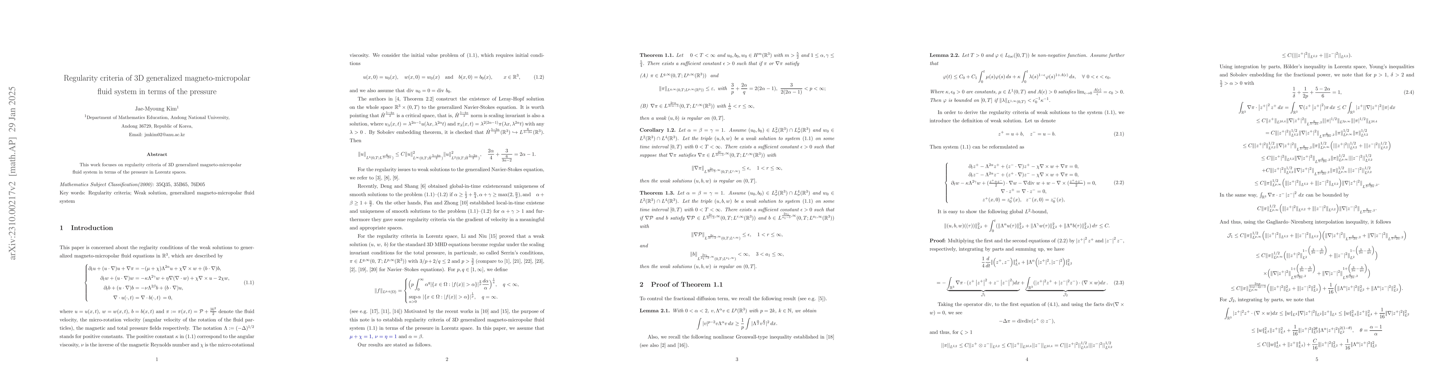 Thumbnail for Regularity criteria of 3D generalized magneto-micropolar fluid system in
  terms of the pressure