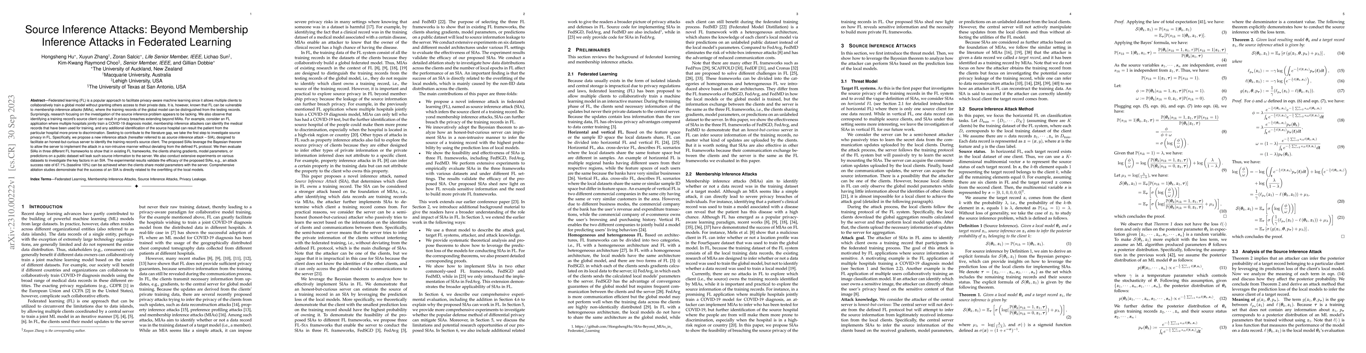 Thumbnail for Source Inference Attacks: Beyond Membership Inference Attacks in
  Federated Learning