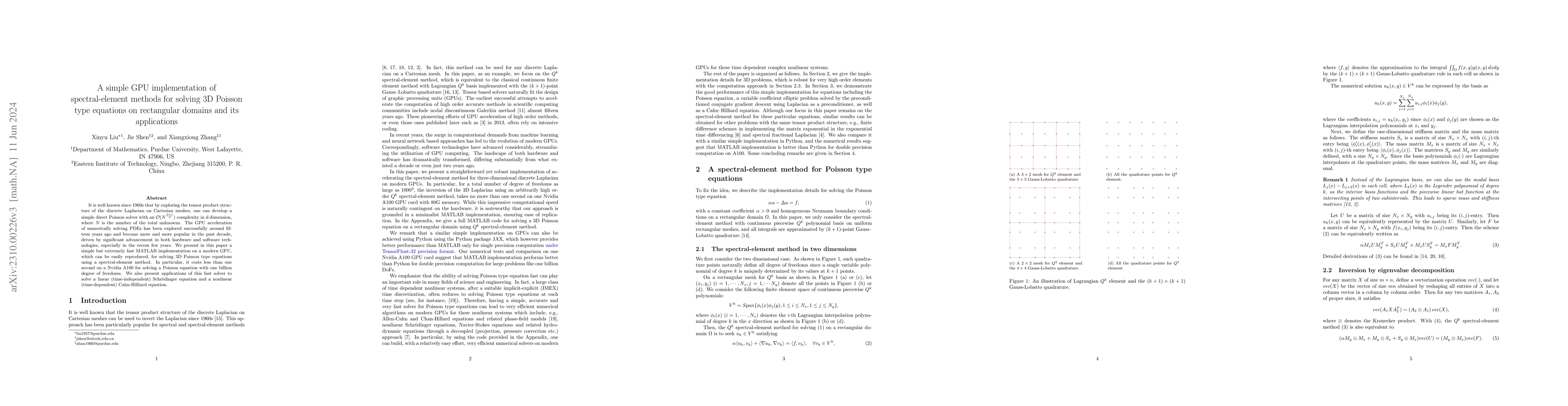 Thumbnail for A simple GPU implementation of spectral-element methods for solving 3D
  Poisson type equations on rectangular domains and its applications