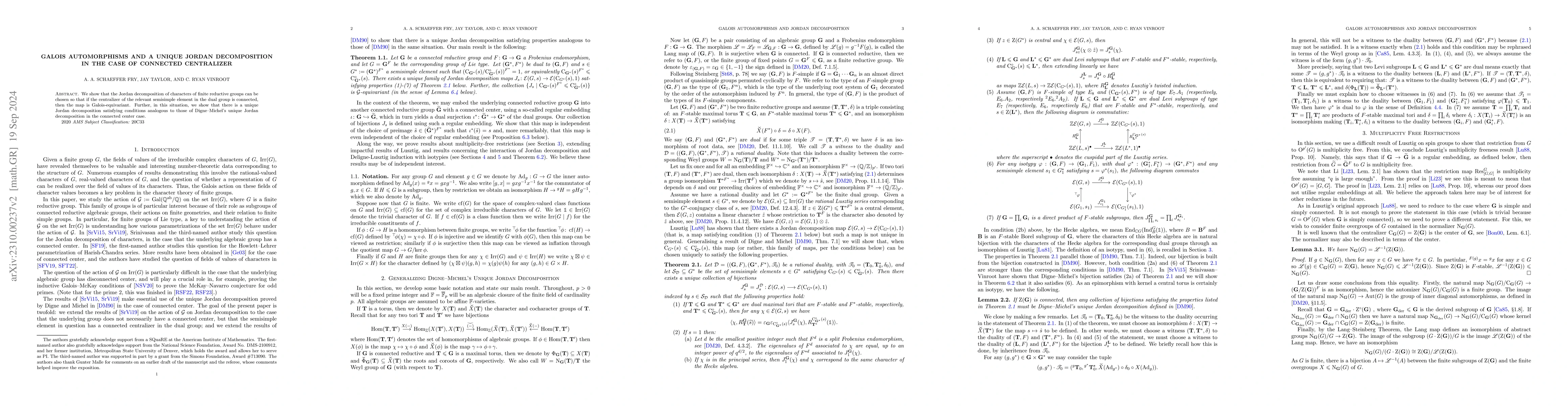 Thumbnail for Galois automorphisms and a unique Jordan decomposition in the case of
  connected centralizer