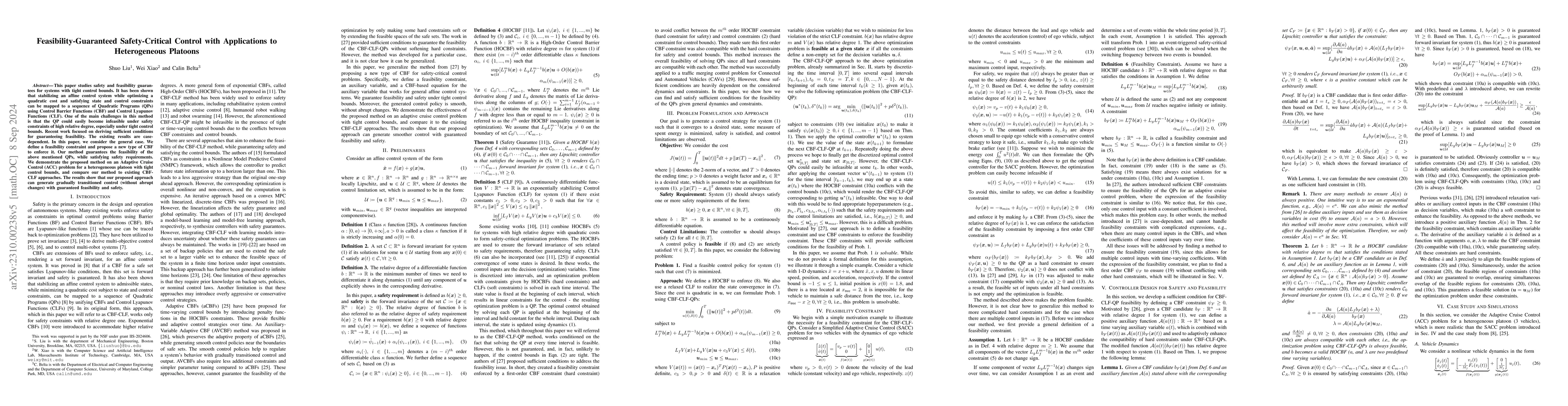 Thumbnail for Feasibility-Guaranteed Safety-Critical Control with Applications to
  Heterogeneous Platoons