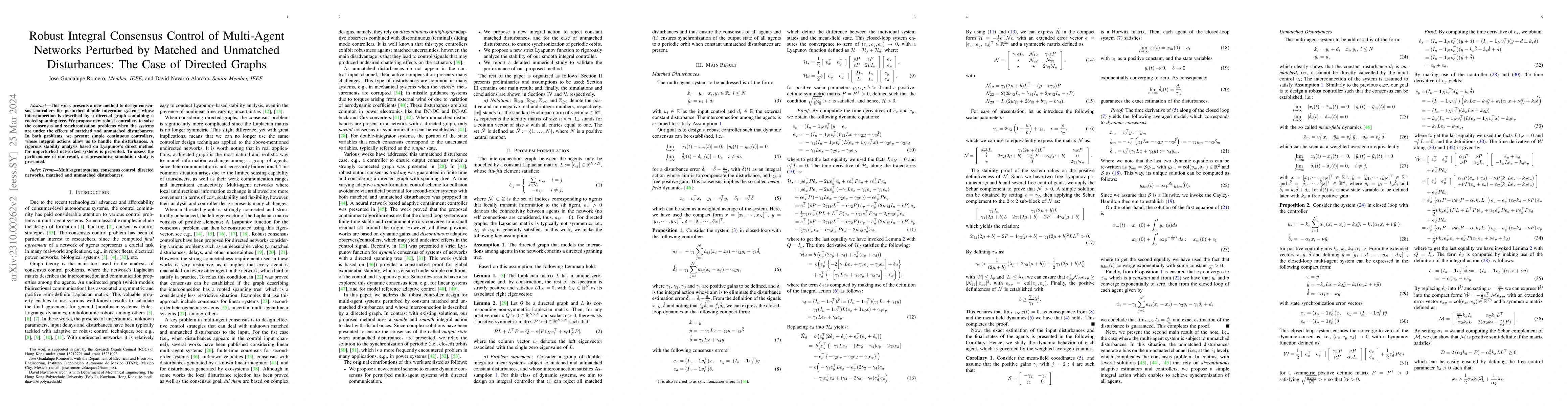 Thumbnail for Robust Integral Consensus Control of Multi-Agent Networks Perturbed by
  Matched and Unmatched Disturbances: The Case of Directed Graphs