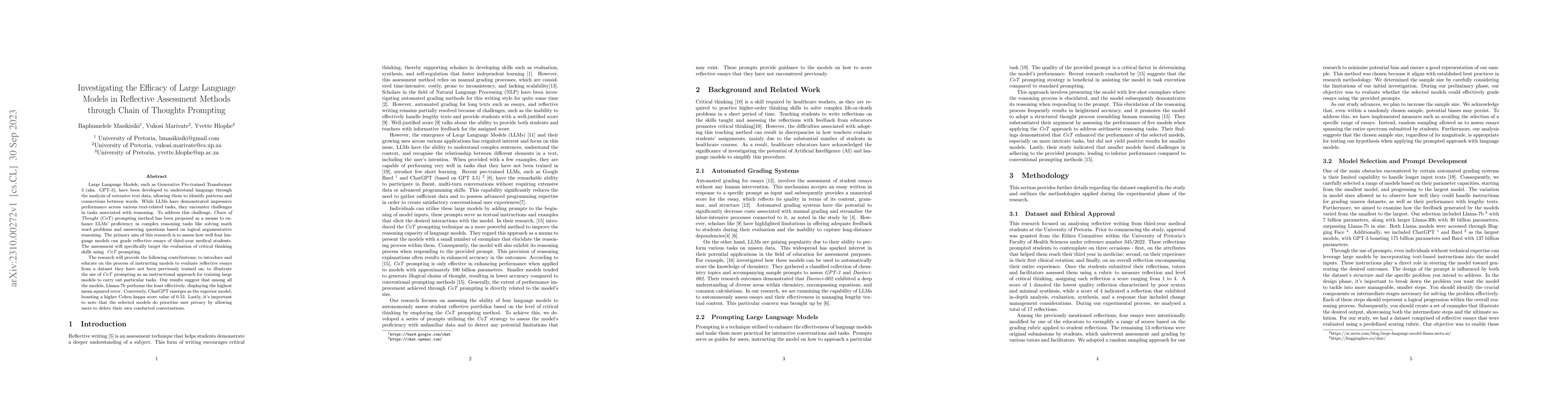 Thumbnail for Investigating the Efficacy of Large Language Models in Reflective
  Assessment Methods through Chain of Thoughts Prompting