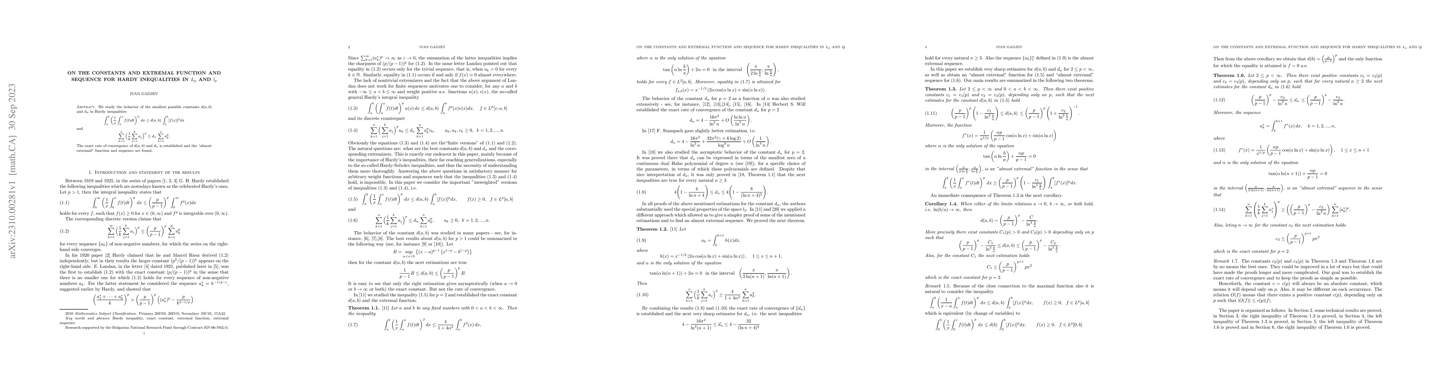 Thumbnail for On the Constants and Extremal Function and Sequence for Hardy
  Inequalities in $L_p$ and $l_p$