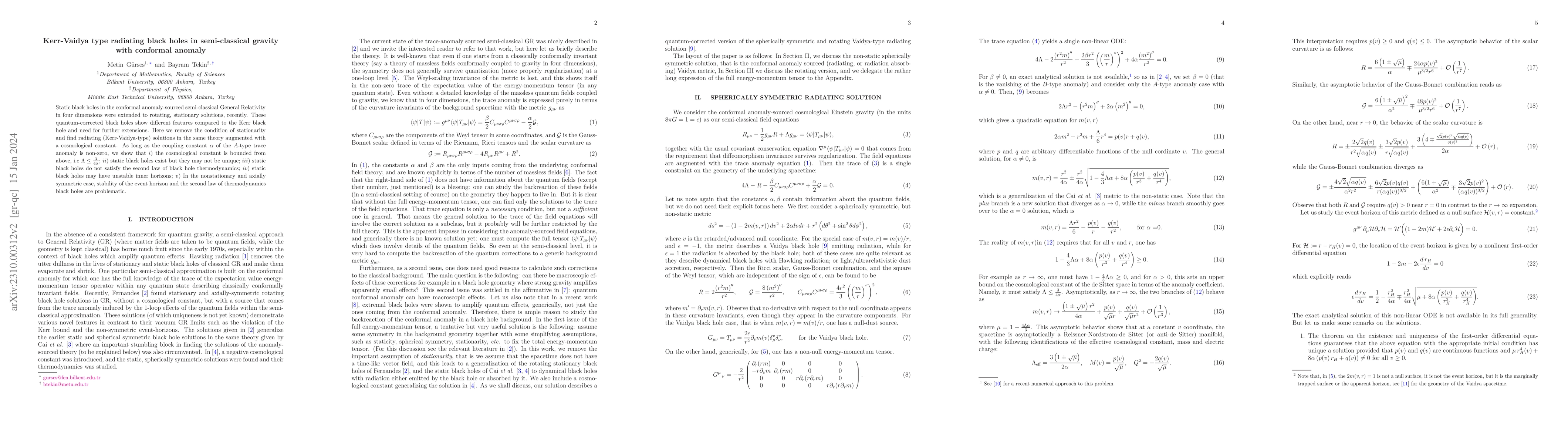 Thumbnail for Kerr-Vaidya type radiating black holes in semi-classical gravity with
  conformal anomaly