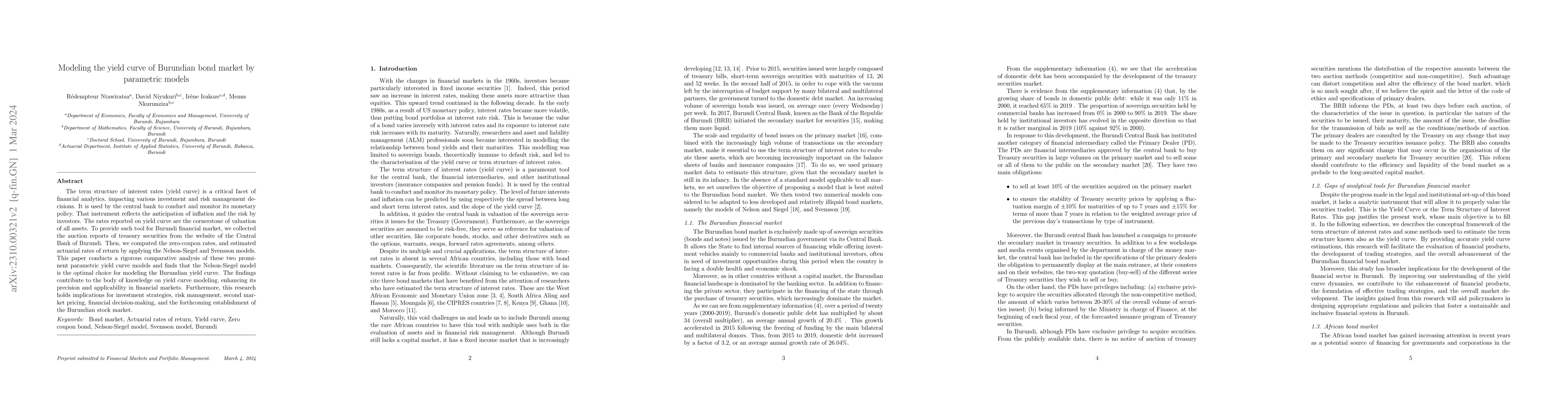 Thumbnail for Modeling the yield curve of Burundian bond market by parametric models