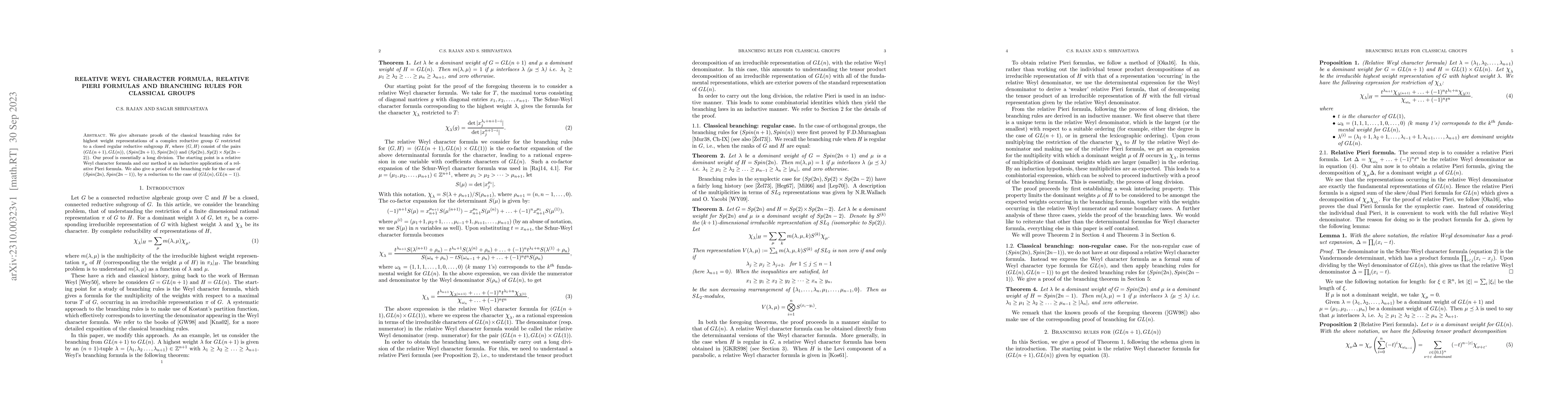 Thumbnail for Relative Weyl Character formula, Relative Pieri formulas and Branching
  rules for Classical groups