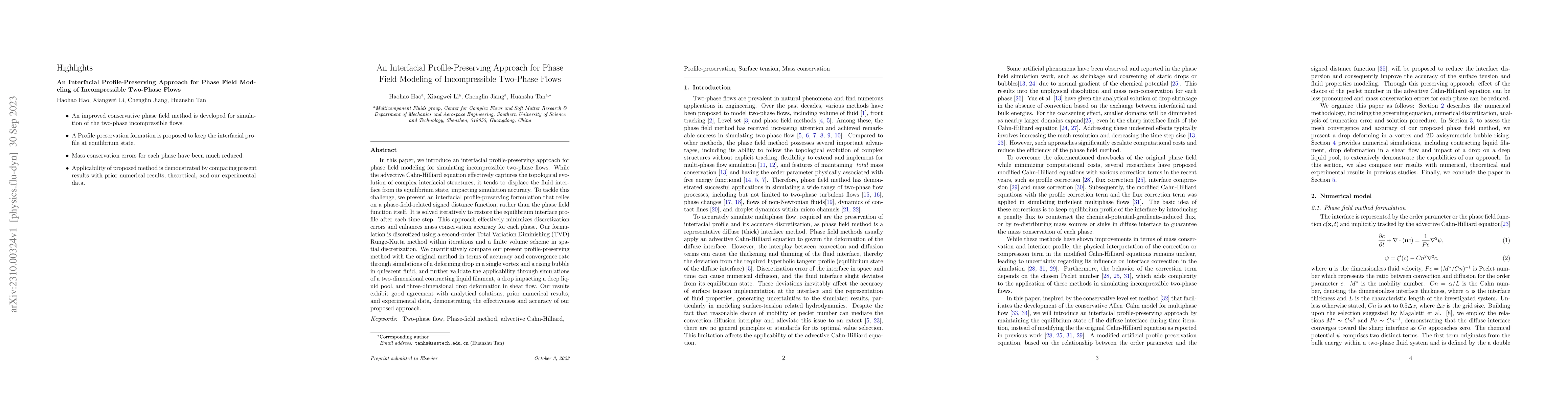 Thumbnail for An Interfacial Profile-Preserving Approach for Phase Field Modeling of
  Incompressible Two-Phase Flows