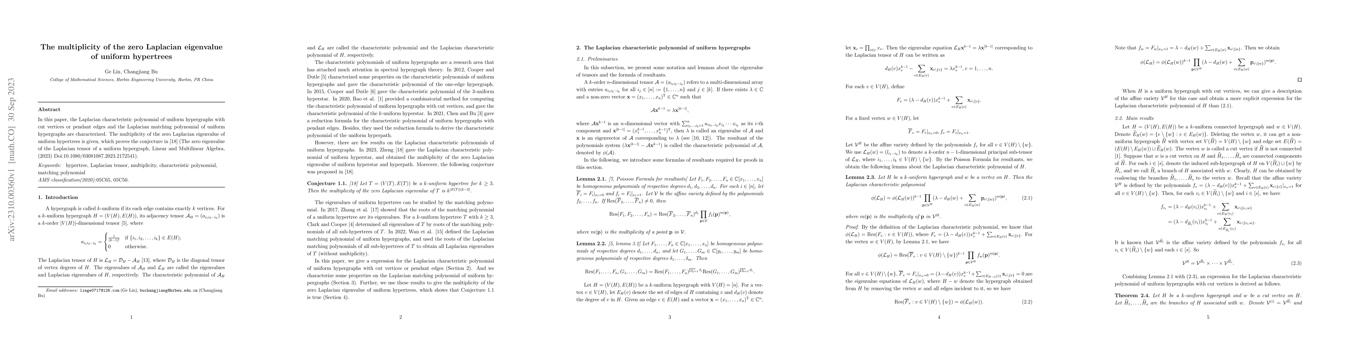 Thumbnail for The multiplicity of the zero Laplacian eigenvalue of uniform hypertrees