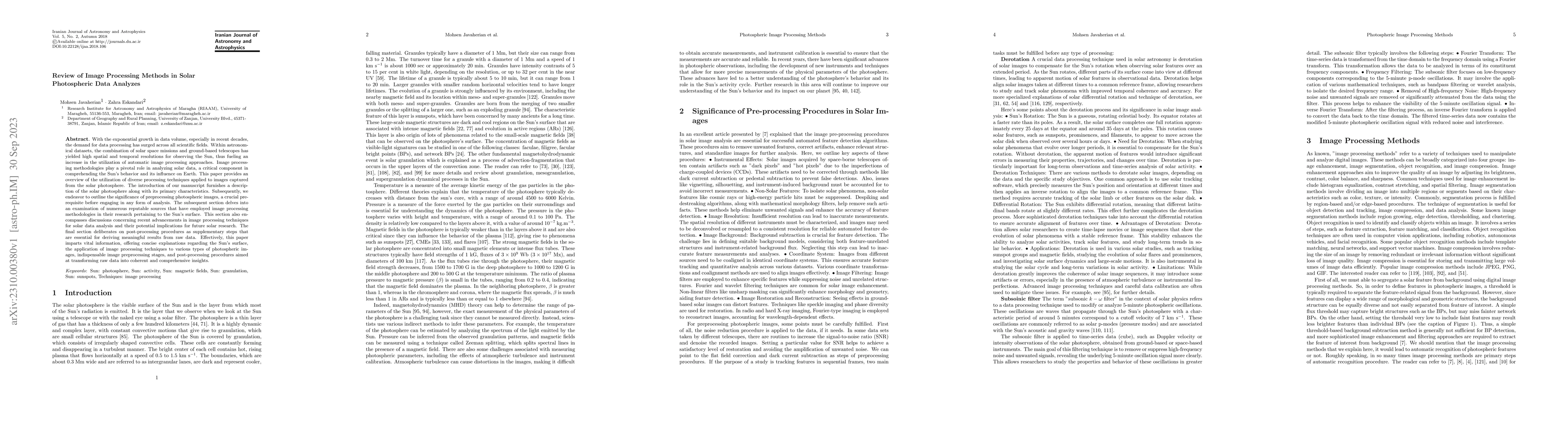 Thumbnail for Review of Image Processing Methods in Solar Photospheric Data Analyzes