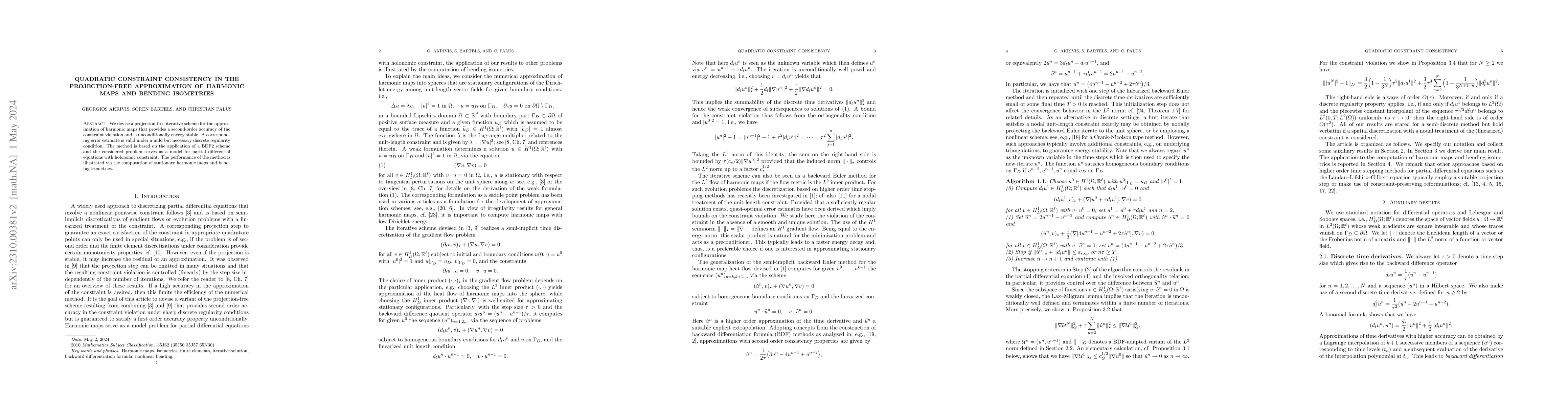 Thumbnail for Quadratic constraint consistency in the projection-free approximation of
  harmonic maps and bending isometries