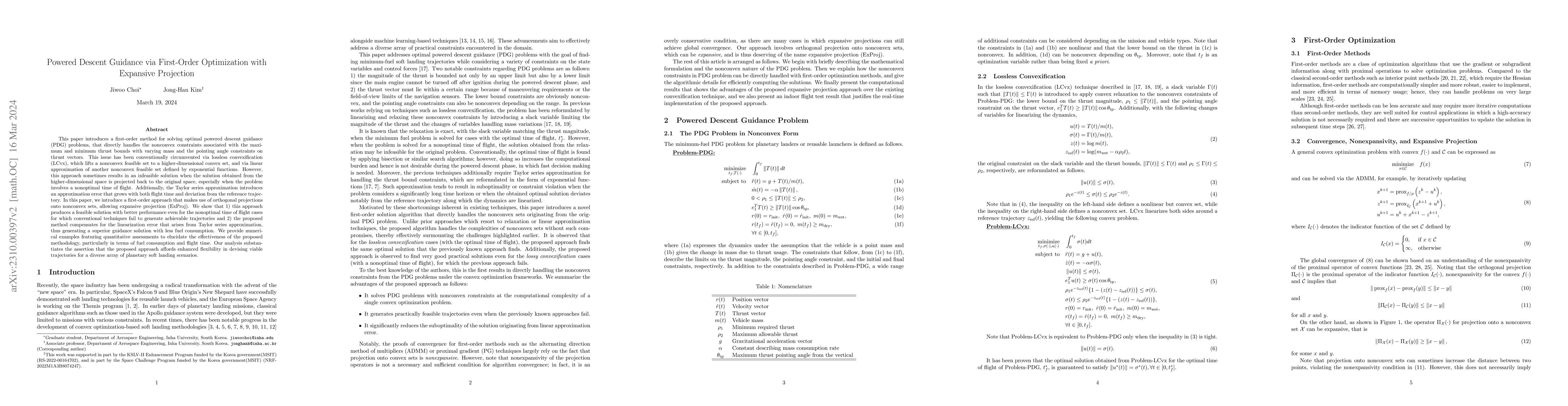 Thumbnail for Powered Descent Guidance via First-Order Optimization with Expansive
  Projection