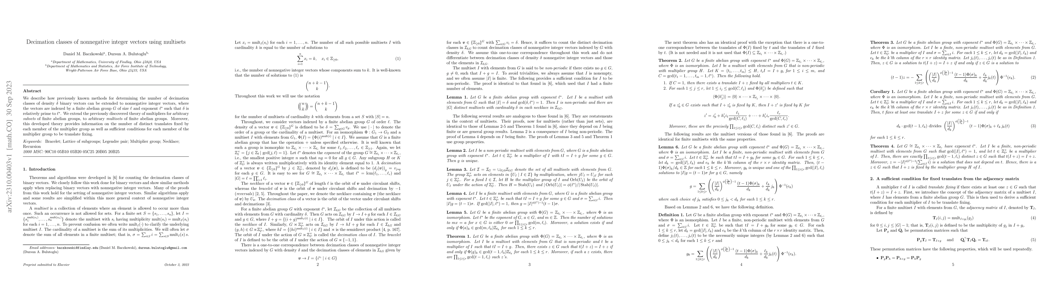 Thumbnail for Decimation classes of nonnegative integer vectors using multisets