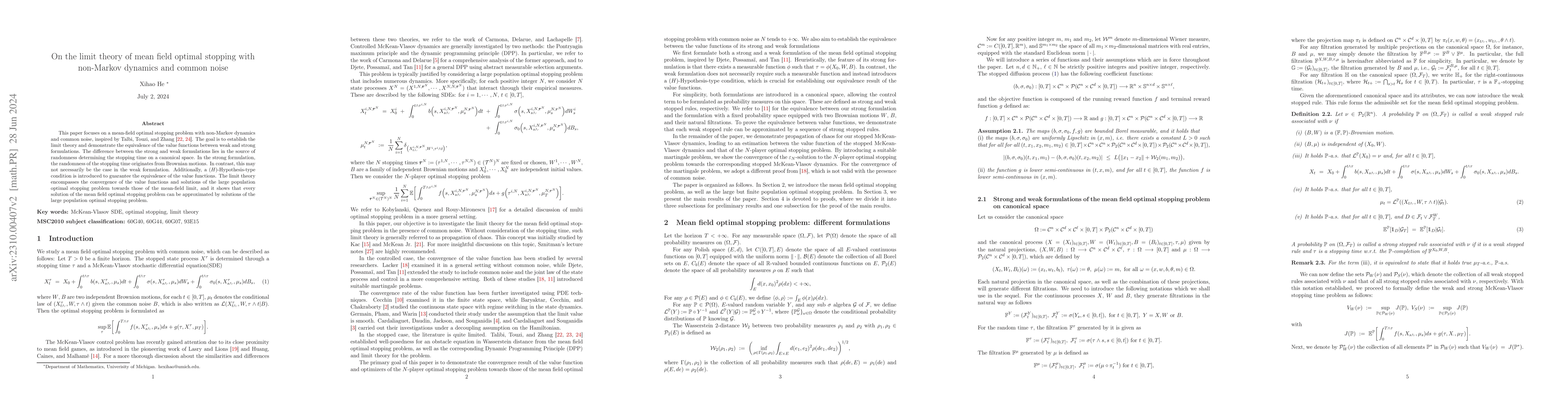 Thumbnail for On the limit theory of mean field optimal stopping with non-Markov
  dynamics and common noise