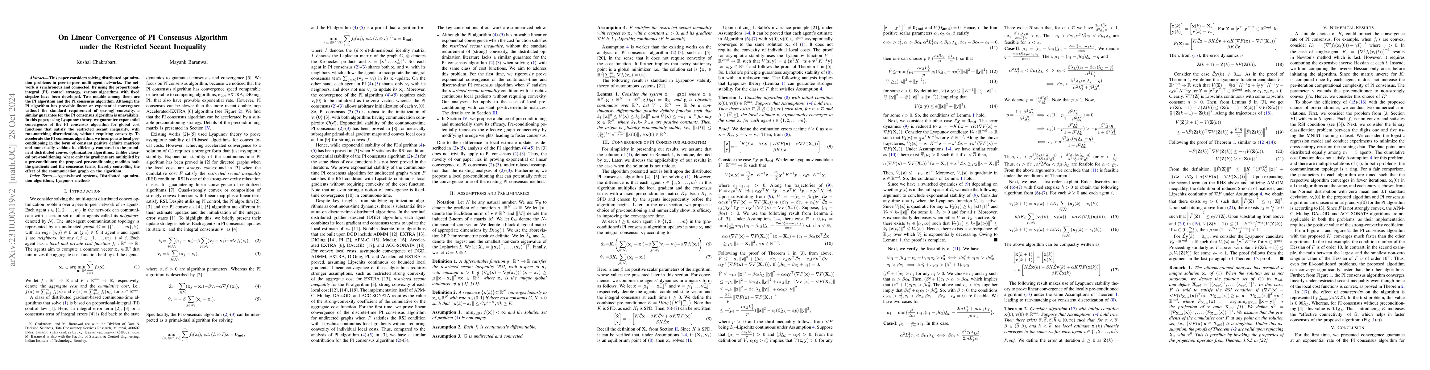Thumbnail for Linear Convergence of Pre-Conditioned PI Consensus Algorithm under
  Restricted Strong Convexity