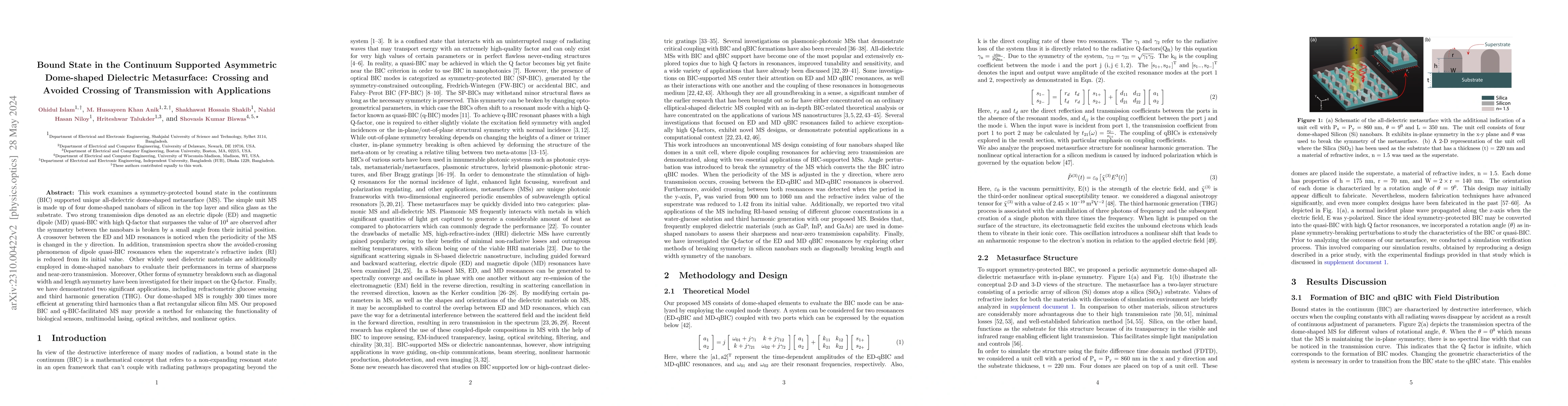 Thumbnail for Bound State in the Continuum Supported Asymmetric Dome-shaped Dielectric
  Metasurface: Crossing and Avoided Crossing of Transmission with Applications