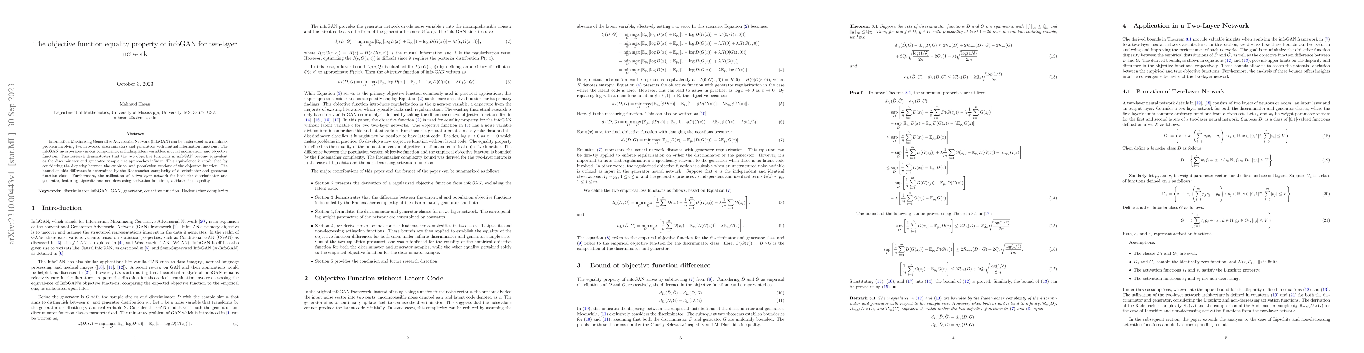 Thumbnail for The objective function equality property of infoGAN for two-layer
  network
