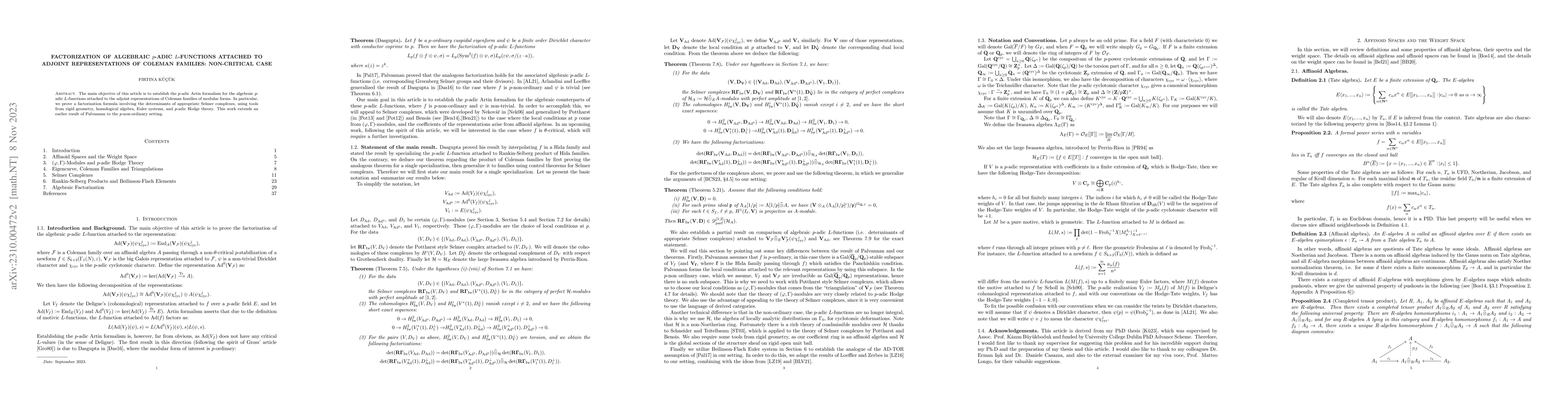 Thumbnail for Factorization of Algebraic $p$-adic $L$-functions Attached to Adjoint
  Representations of Coleman Families: Non-critical Case